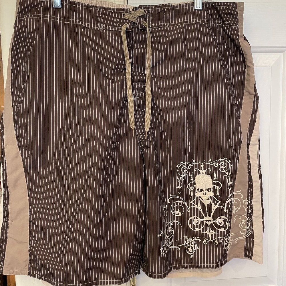 JOE BOXER XL Swim Shorts Men's Skull Brown White Tan Pin Striped Goth
